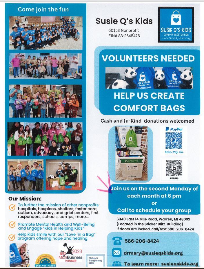 Susie Q's Kids Volunteers Needed to Create Comfort Bags